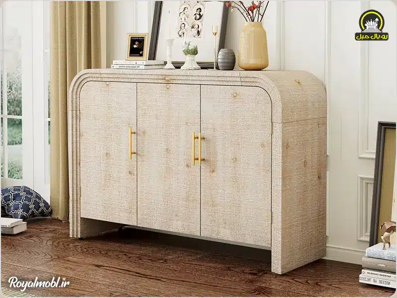 آینه کنسول مینیمال چوبی روشن با طراحی گرد و خاص