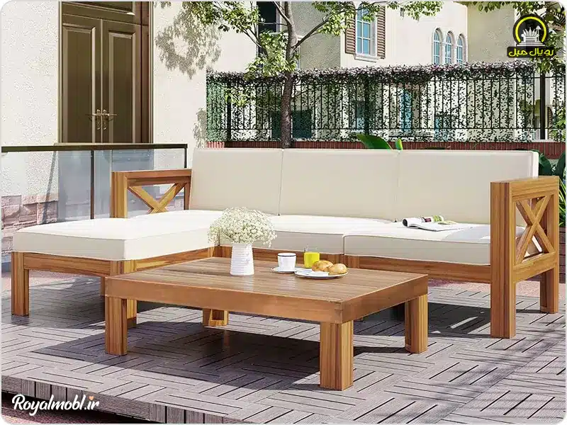 مبل ال سفید پایه و دسته چوبی