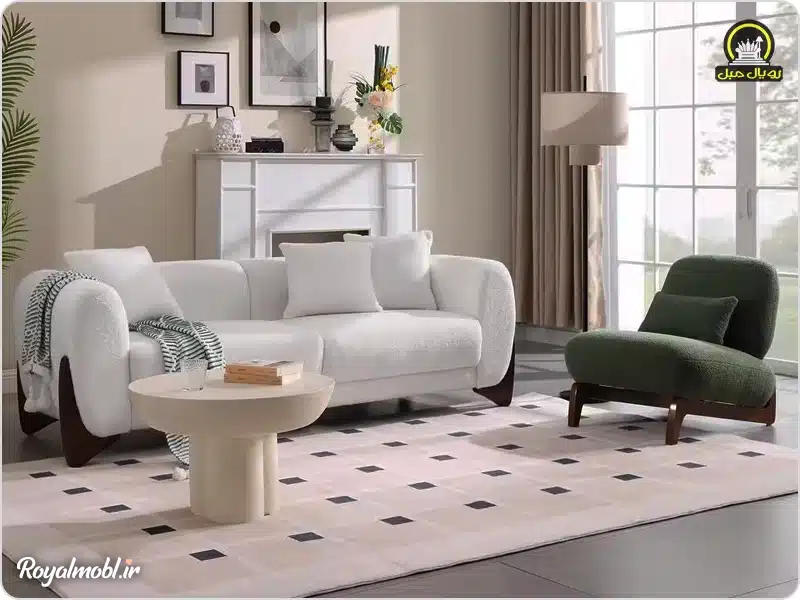 مبل سفید رنگ پارچه تدی پایه چوبی