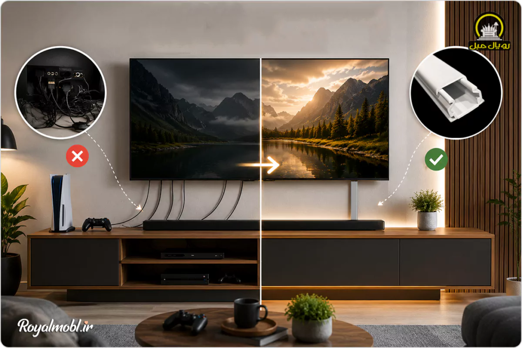 چطور کابل‌های تلویزیون، گیمینگ و ساندبار را روی میز تی‌وی مخفی کنیم؟